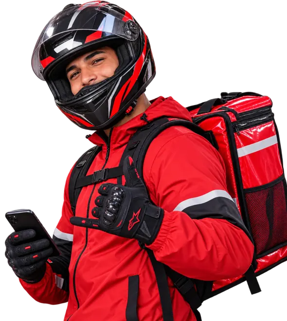 Entregador do Zéca sorrindo com a bag nas costas